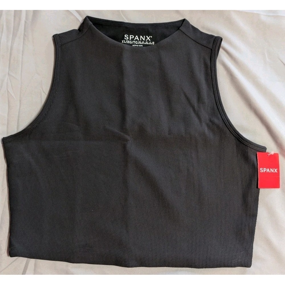 Spanx Contour Rib Mock Neck Crop Top XL Very Black Sleeveless Active NWT